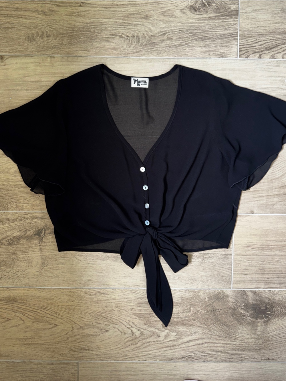 Show Me Your MuMu Black Flutter Sleeve Tortuga Tie Crop Top
